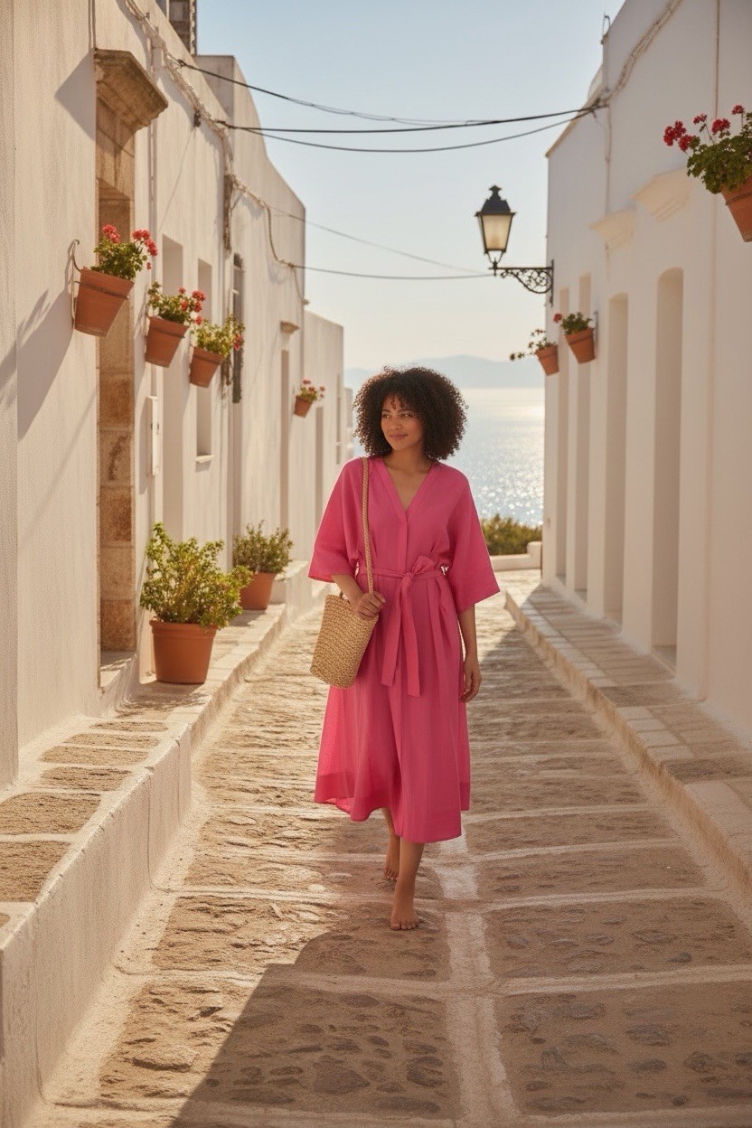 H&M Cerise Kaftan Midi Dress Boho Coastal Vacation Oversized Resortwear