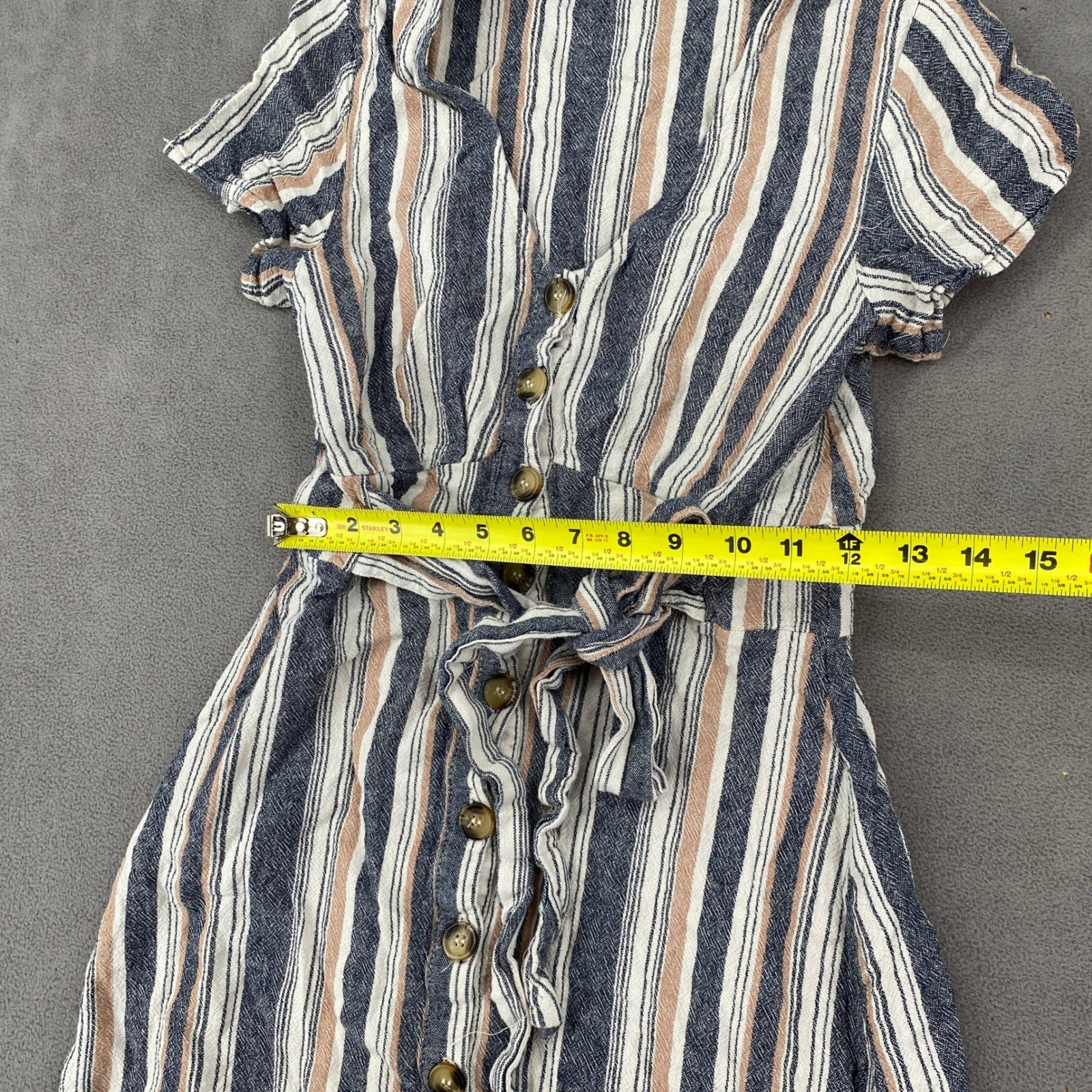 Cotton On Striped Button Front Tie Waist Midi Dress Blue Tan XS