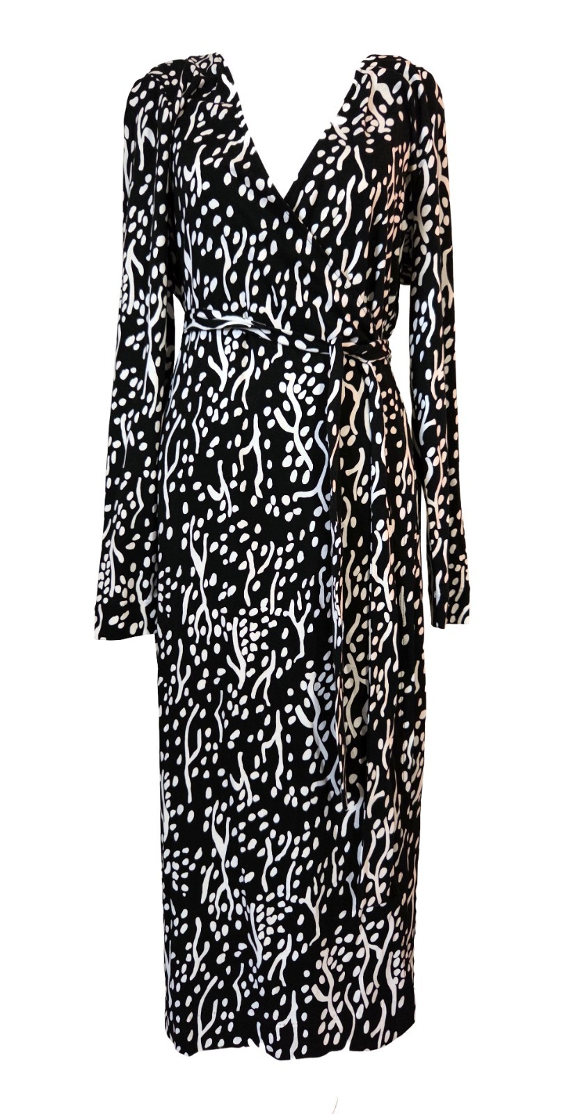 NEW DIANE VON FURSTENBERG L Wrap Dress Midi Black White Sea Spots Long Sleeve
