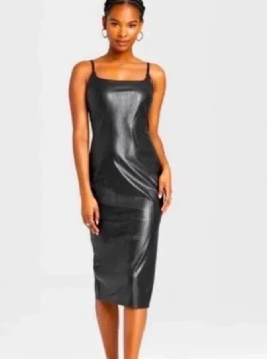 Wild Fable Black Faux Shiny Leather Dress Midi Slip Dress Size Small NWT