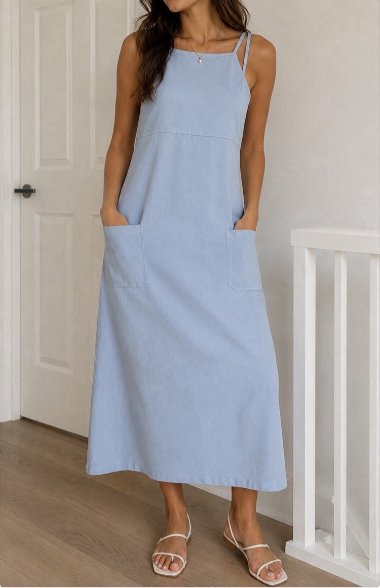 Women’s Light Blue Midi Dress Sleeveless Pinafore Style With Pockets Size s