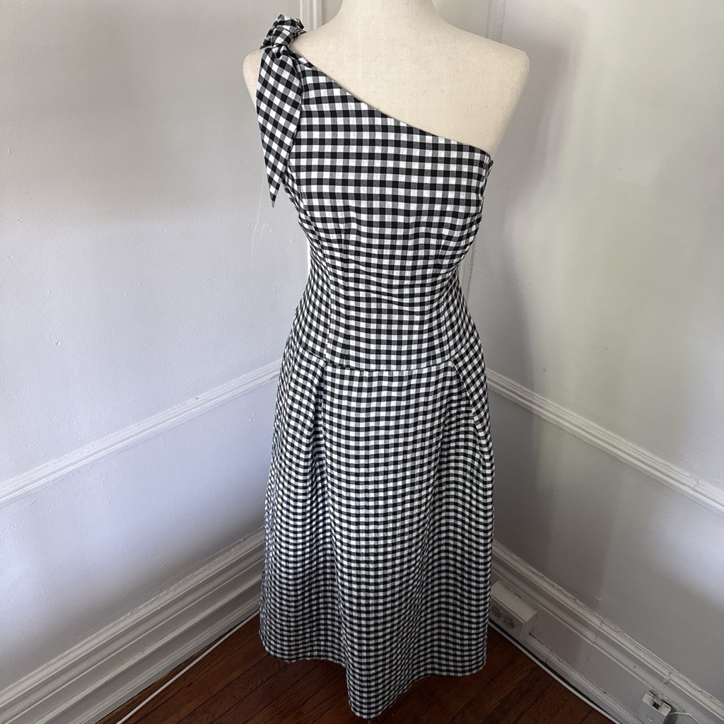 Anthropologie Black White Gingham One Shoulder Bow Accent Knee Length Dress M