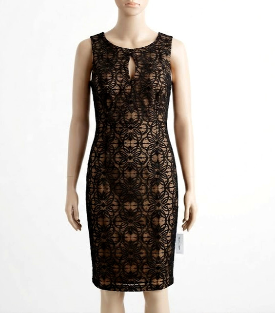 DRESSBARN WOMENS BLACK ROSE LACE DRESS WITH TAN LINING SIZE 14