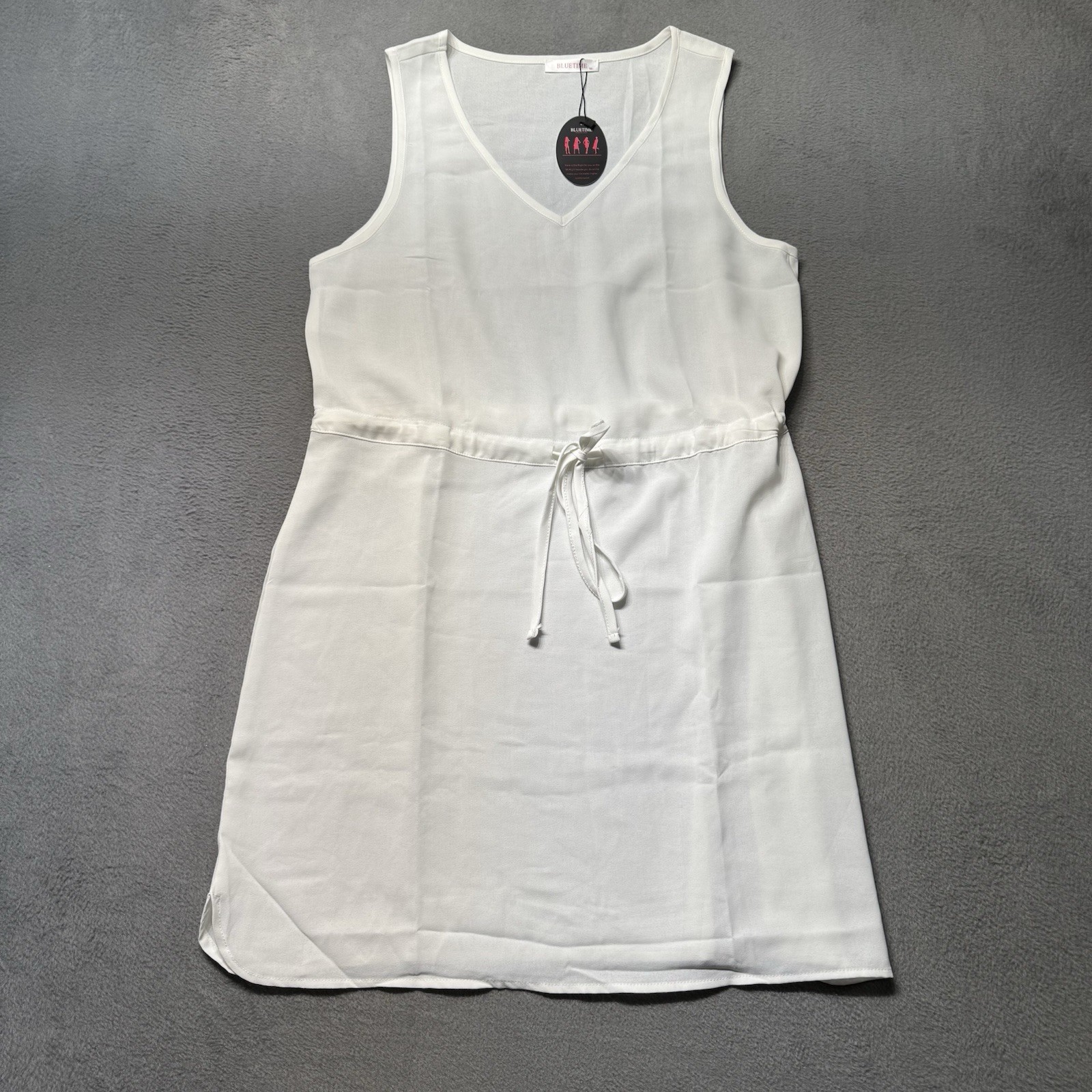 Bluetime Womens M Sleeveless Knee Length Dress White Drawstring Waist Summer EUC