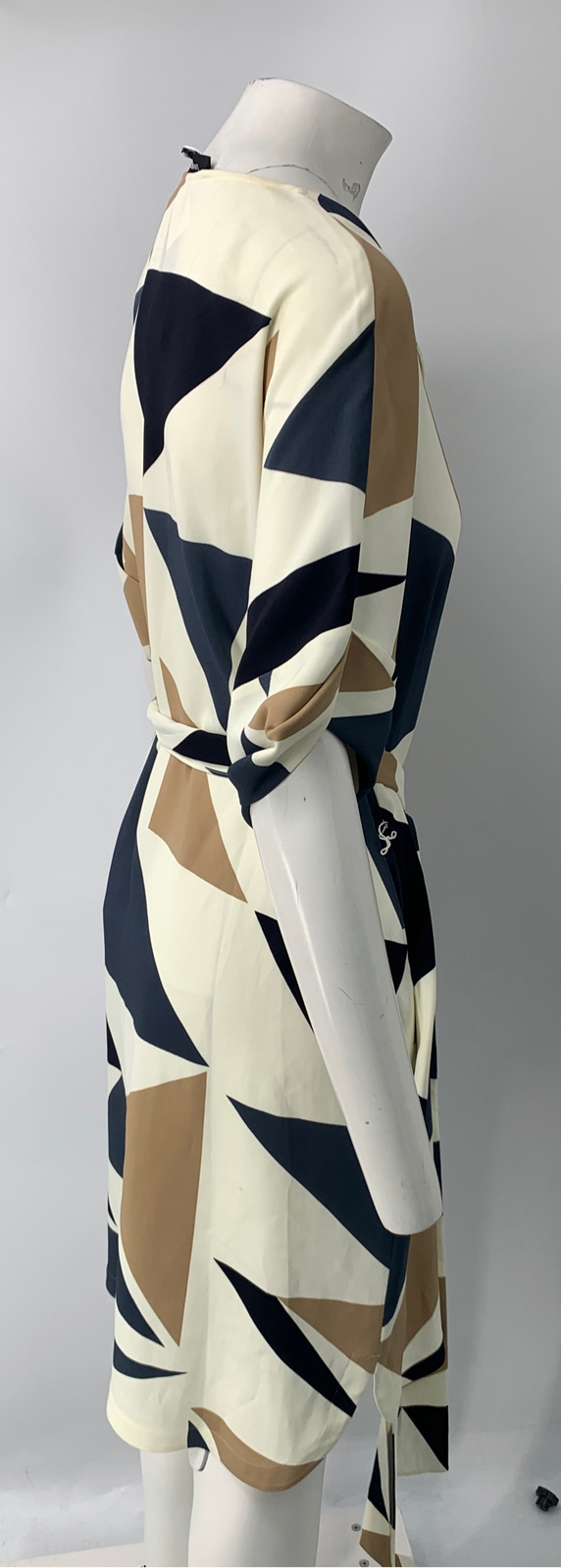 Lafayette 148 White Blue Brown Jubilee Triangle Belted V-Neck Dress NWD sz L