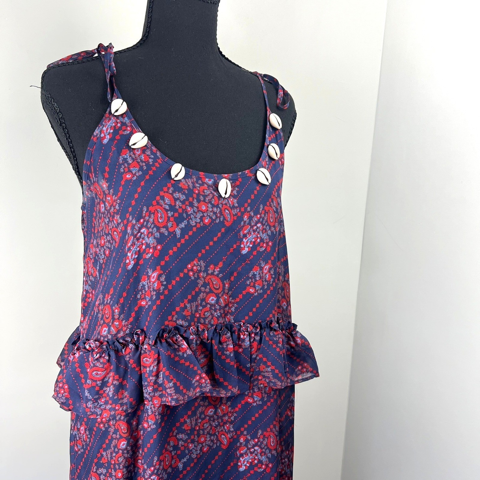 Figue Alina Paisley Silk Cowrie Shell Ruffle Maxi Dress S Boho Resort Luxury