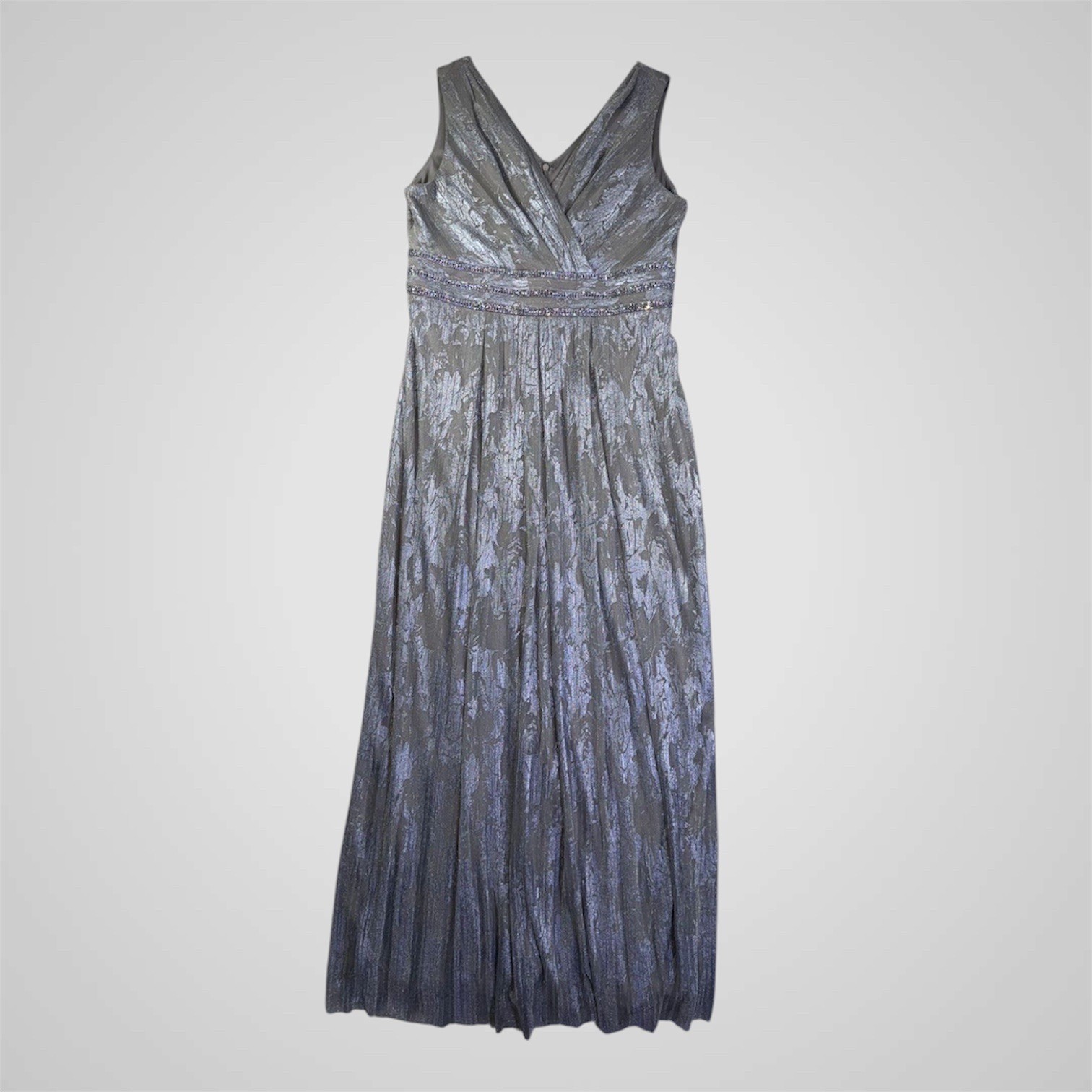 R&M Richards Silver Metallic Pleated Gown Beaded Empire Waist Formal Dress 14