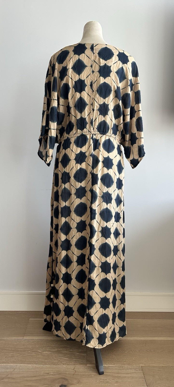 Zara Tan & Navy Geometric oversized Kaftan Dress Drawstring 100% Modal (XS-S)