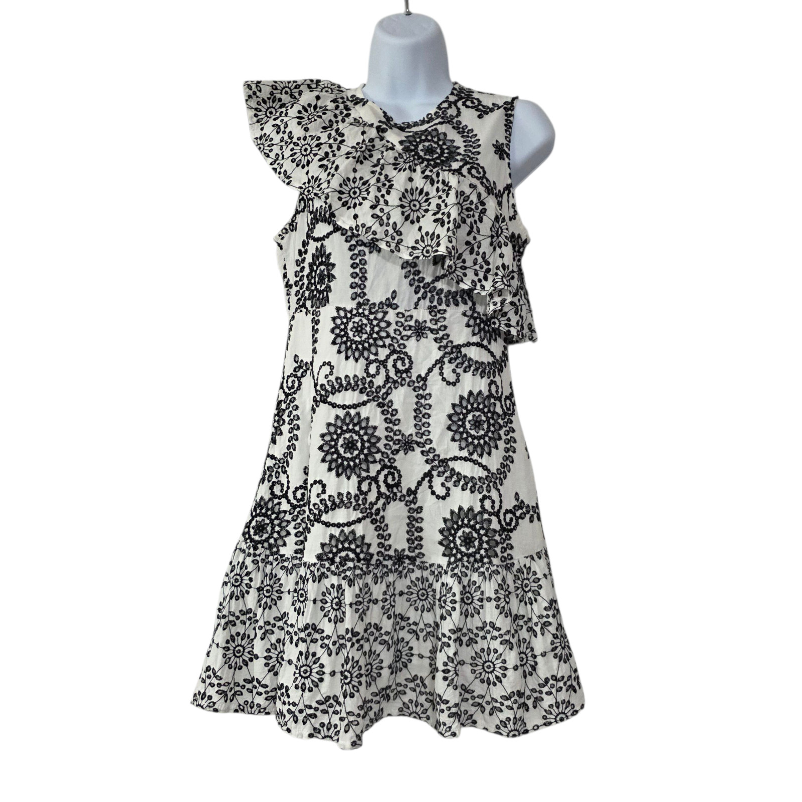 Sfera Womens Midi Dress White S Floral Ruffled Asymmetric Embroidered Eyelet