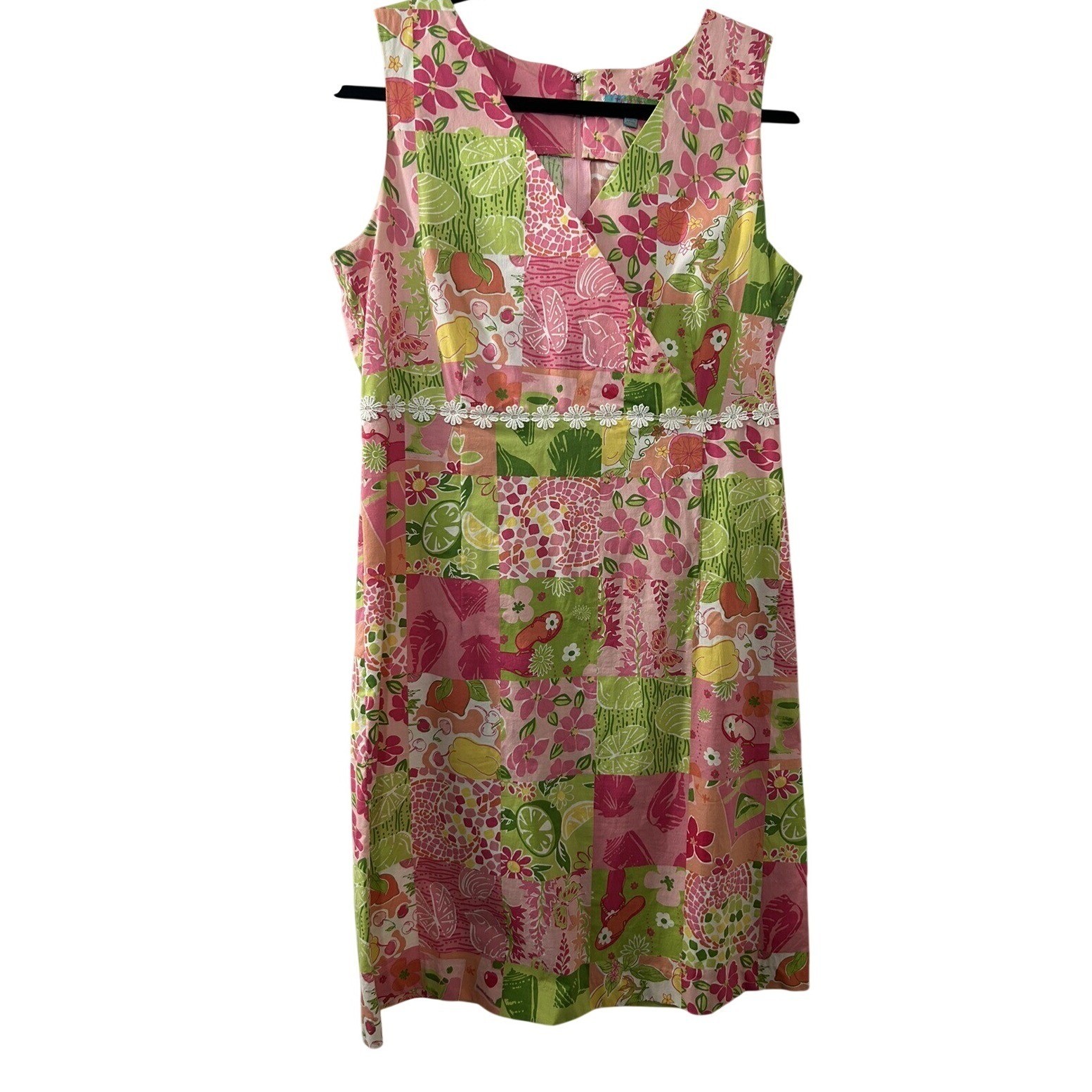 Tahiti Reef Club Womens Pink Green Tropical Patchwork Floral Daisy Trim Dress M