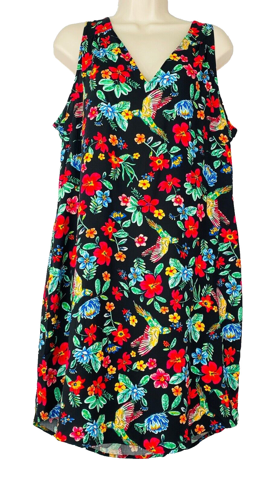 Colorful novelty-print dress birds parrots, tropical black red floral rayon mini