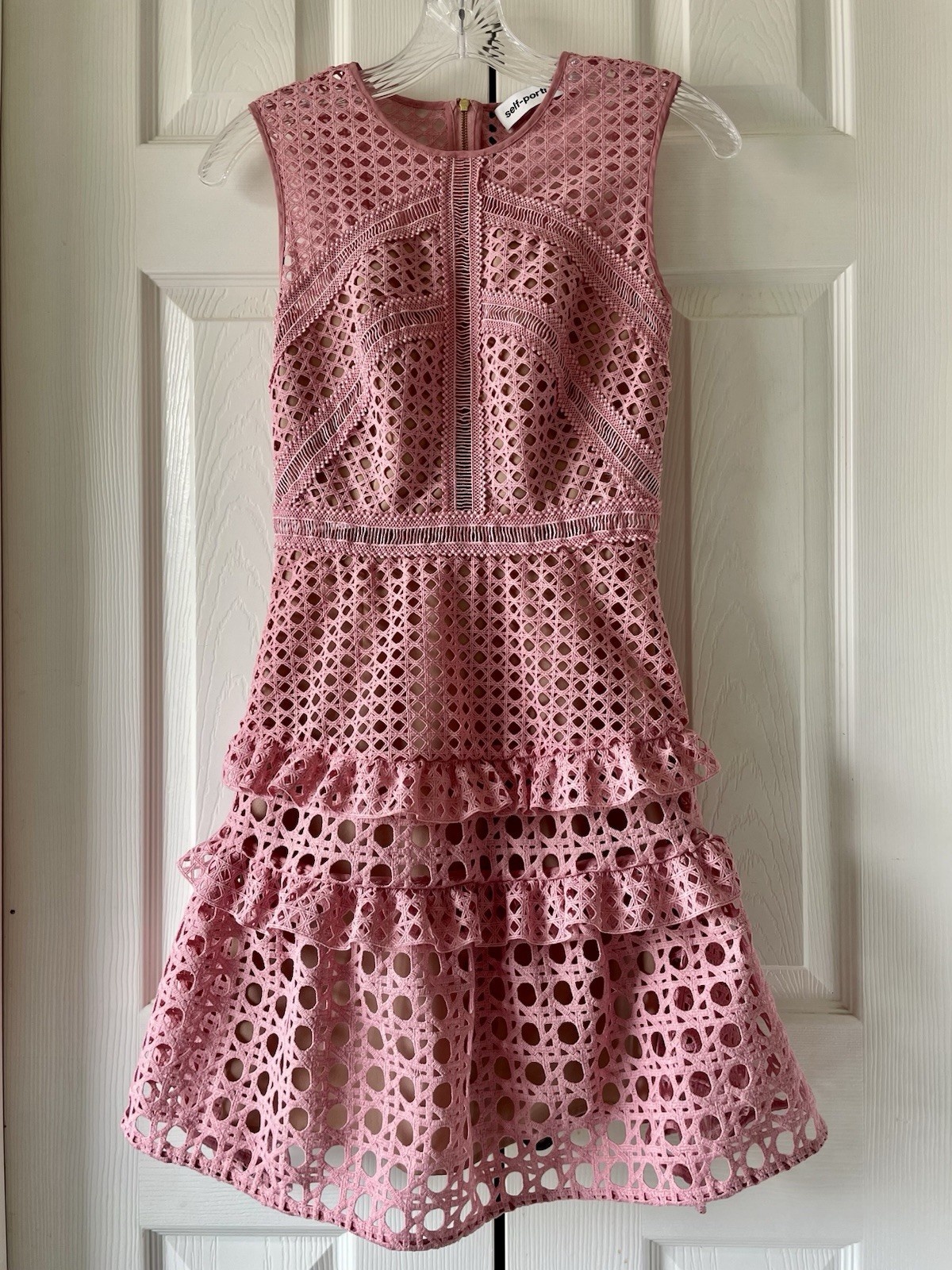 Self Portrait Crosshatch Frill Mini Dress Pink Lace Sleeveless Lined Size 2