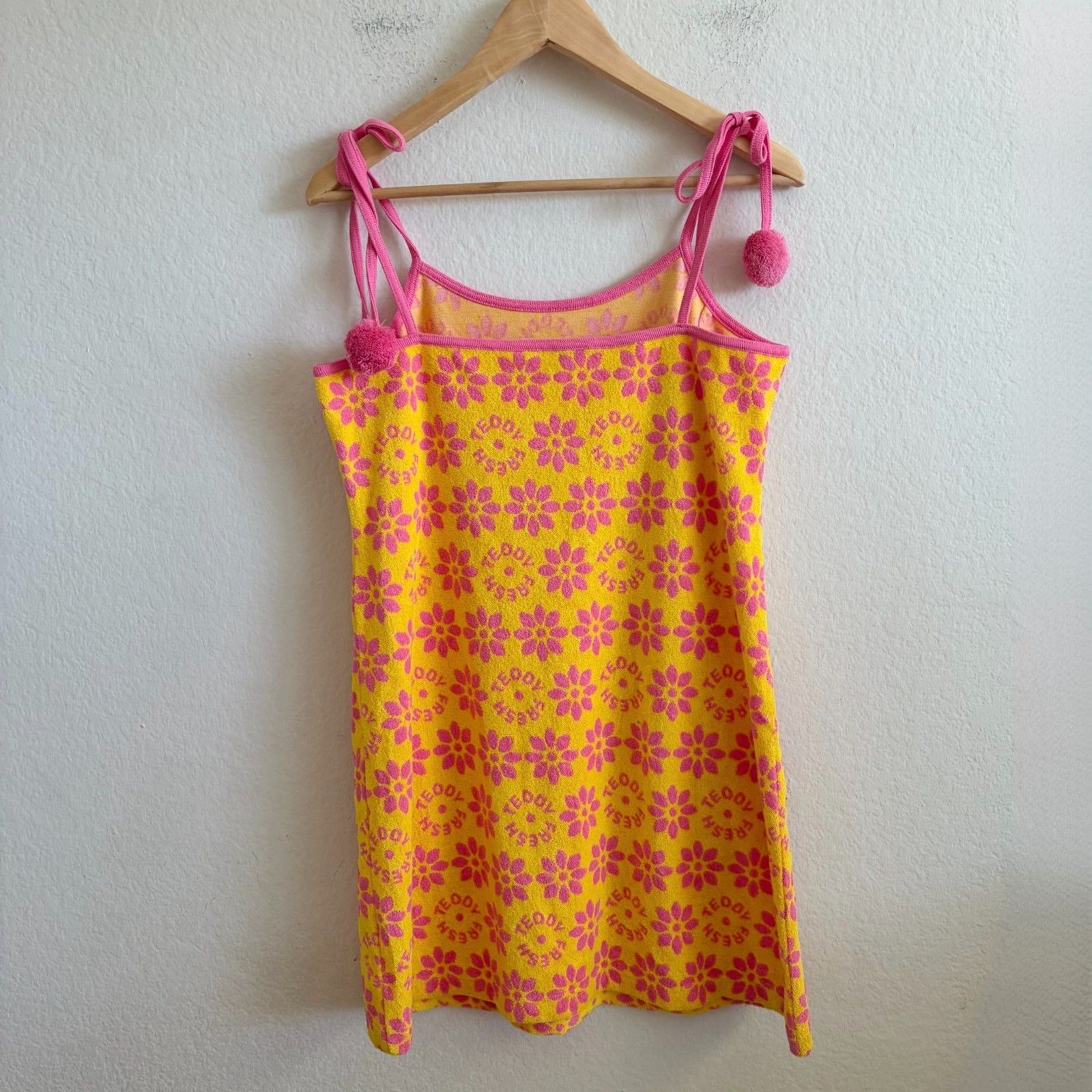 TEDDY FRESH Pom Pom Pink Terry Cloth Floral Mini Sunress Cover Up Womens Medium