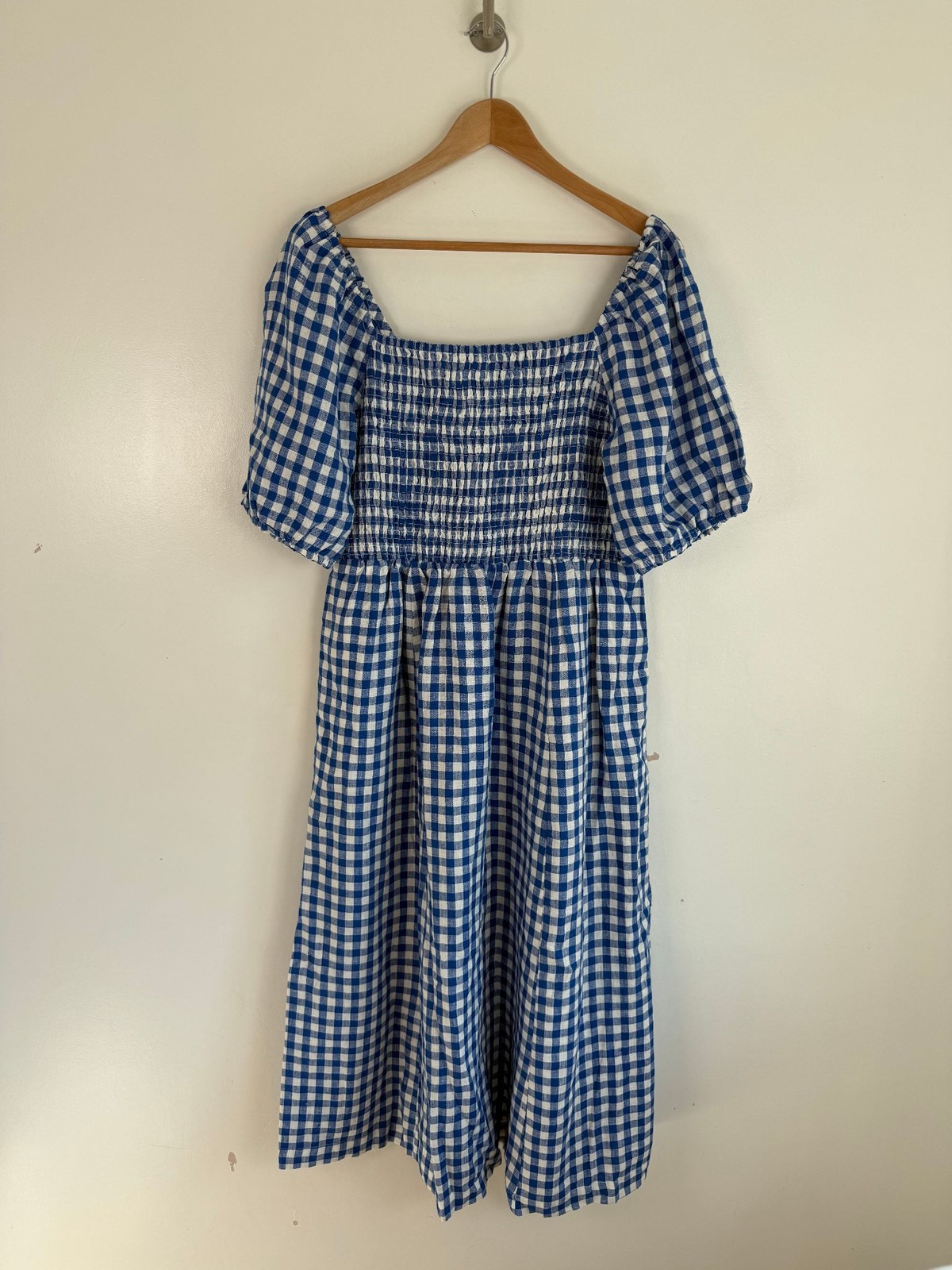 Boden Dress Size UK 18 Blue Gingham Midi Long Milkmaid Smocked Puff Sleeve Linen