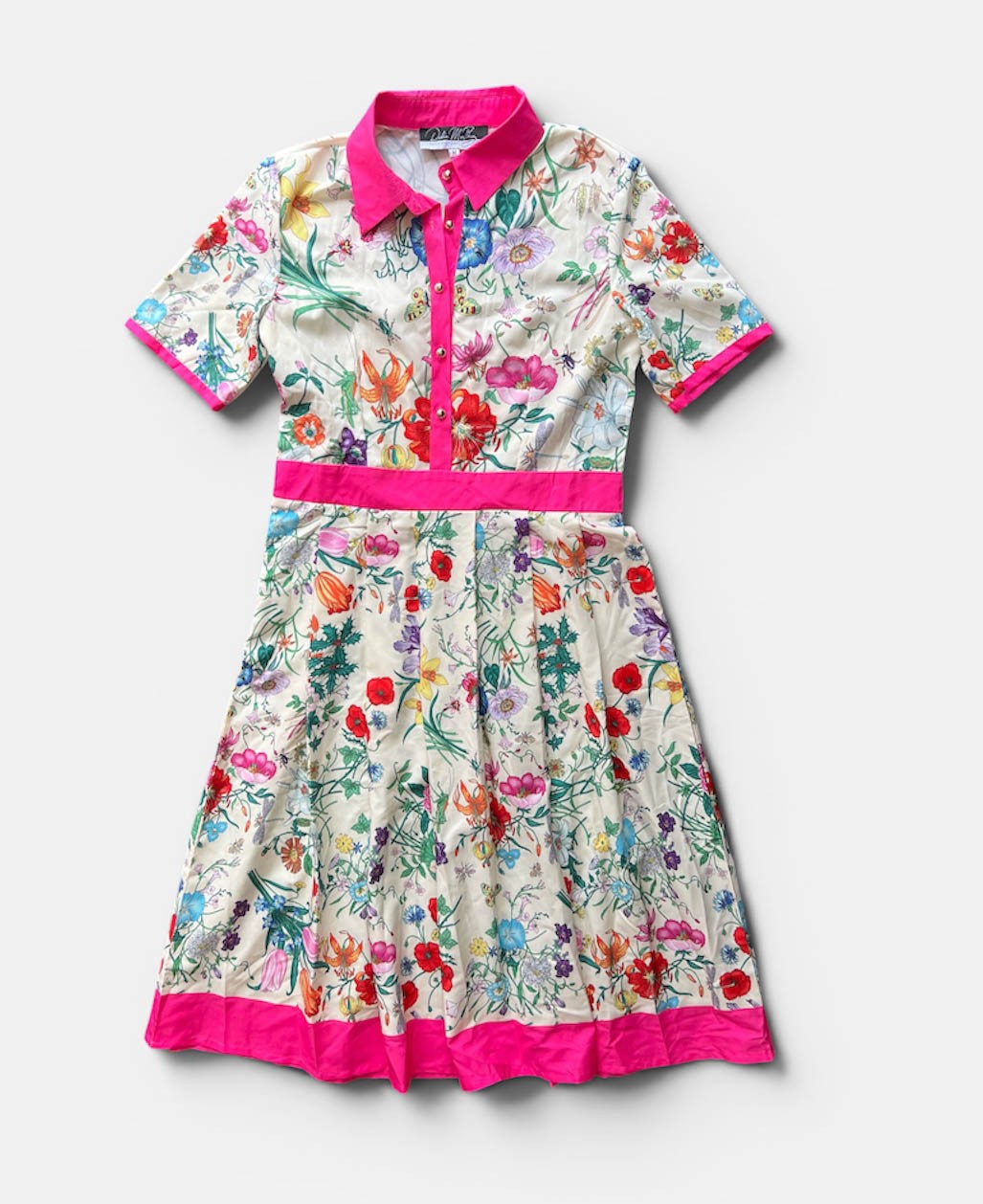 Dalia Macphee Floral Midi Dress Sz MD Pink Cream Botanical Short Sleeve Pleated