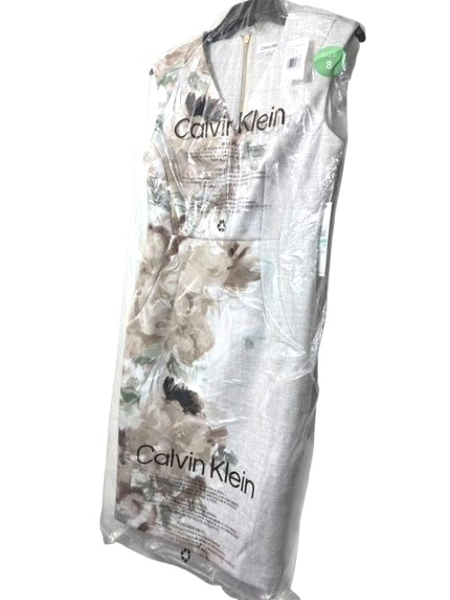 Calvin Klein Womens Tan White Floral Midi Dress Sleeveless Scuba Sheath Sz 8 New