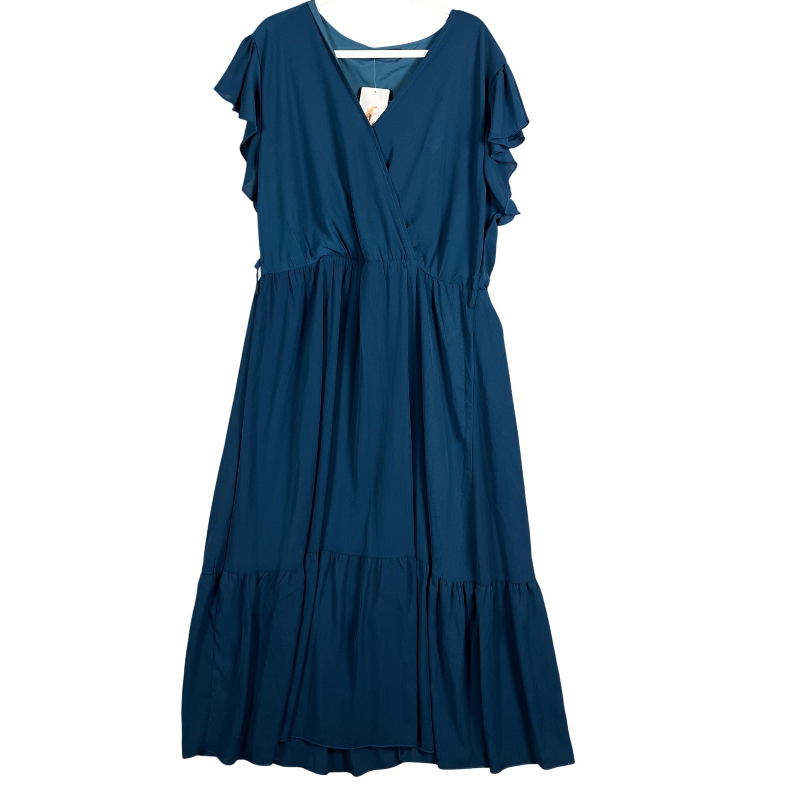 PRETTYGARDEN Dress Womens XXL Blue Maxi Wrap Flutter Sleeve Ruffle Hem V Neck