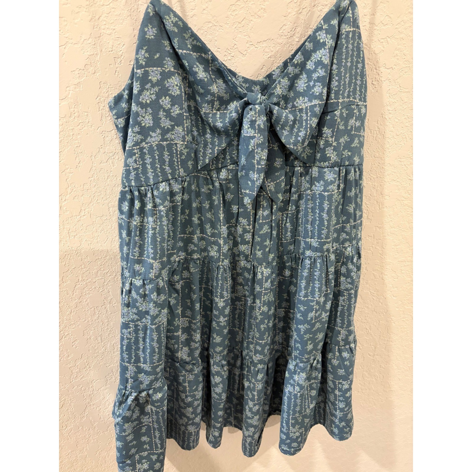 Altar’d State Blue Floral Patchwork Tie Front Tiered Mini Dress Large