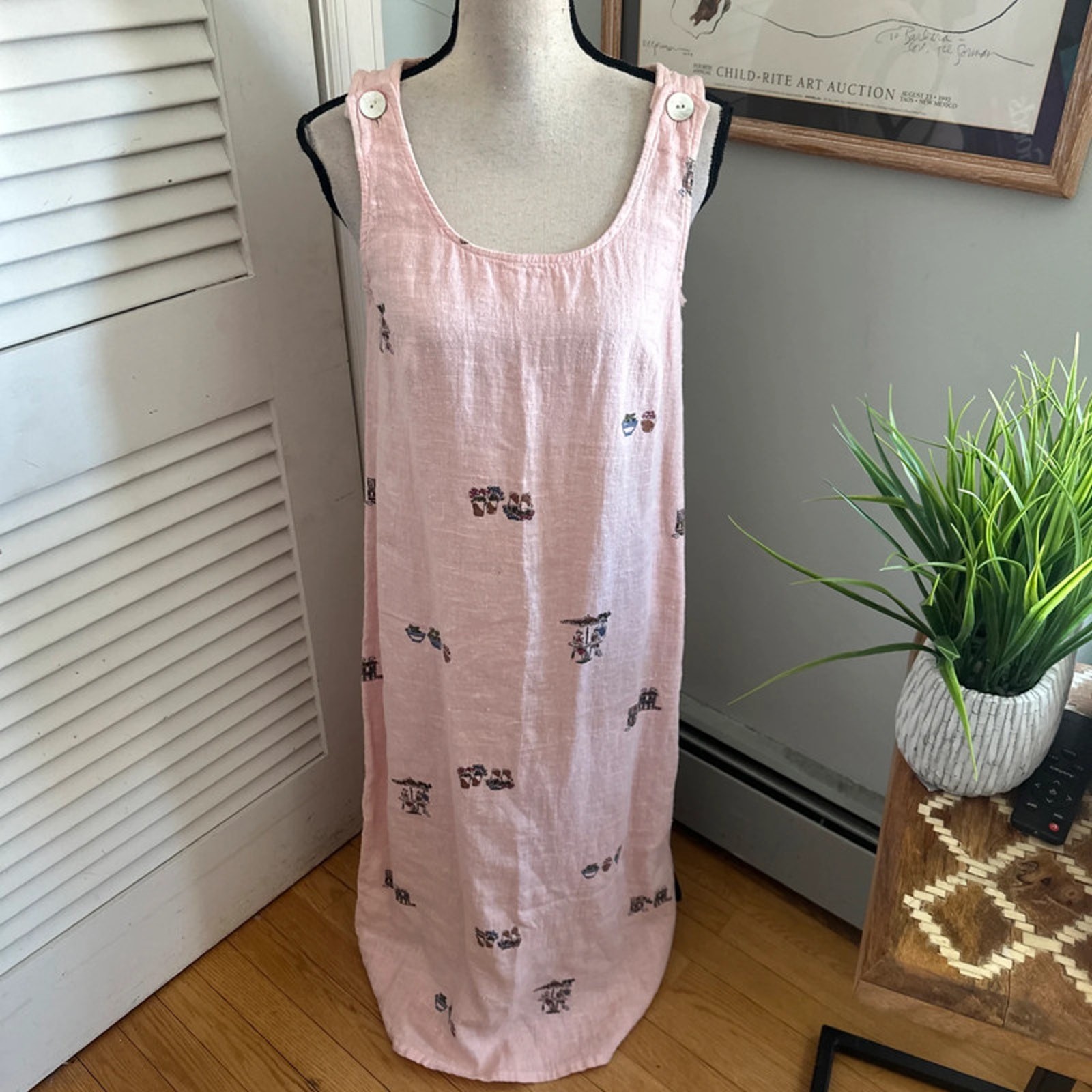Vintage Requirements Dress Small Pink Linen Maxi Retro 90s Overall Boho Chic