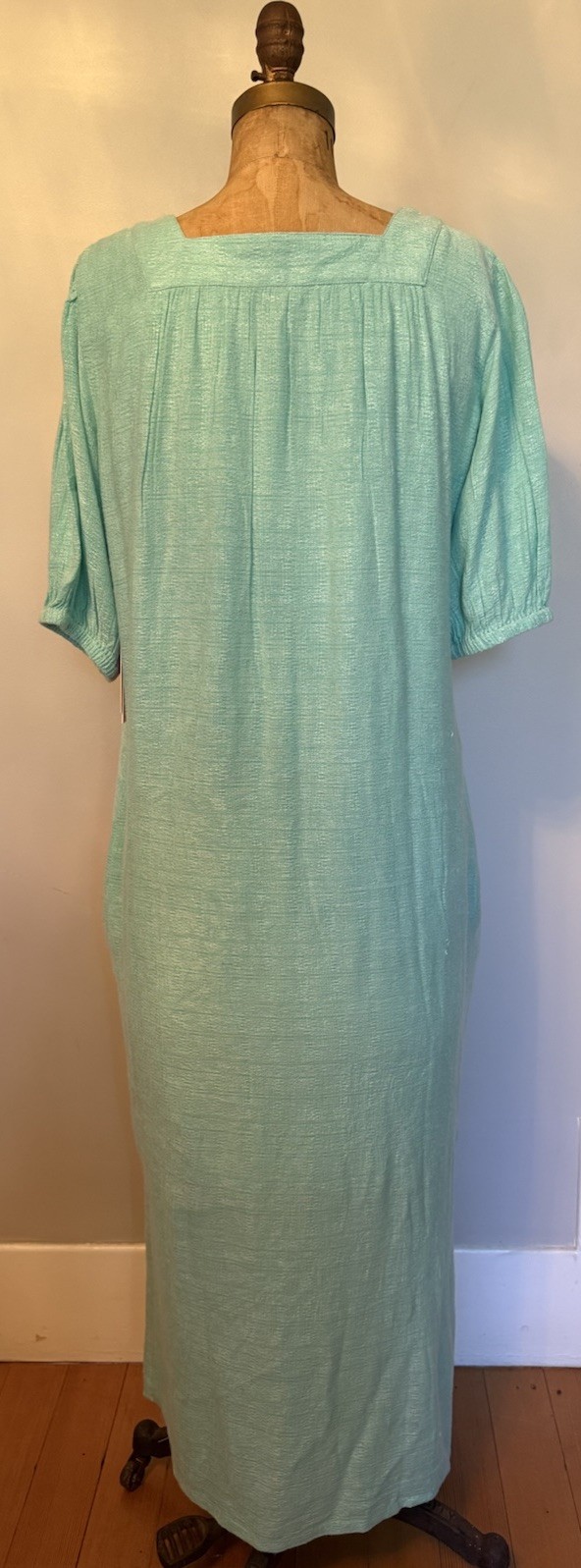 Never A Wallflower Square Neck Aqua Blue Maxi Muumuu Dress Pockets Side Slits S
