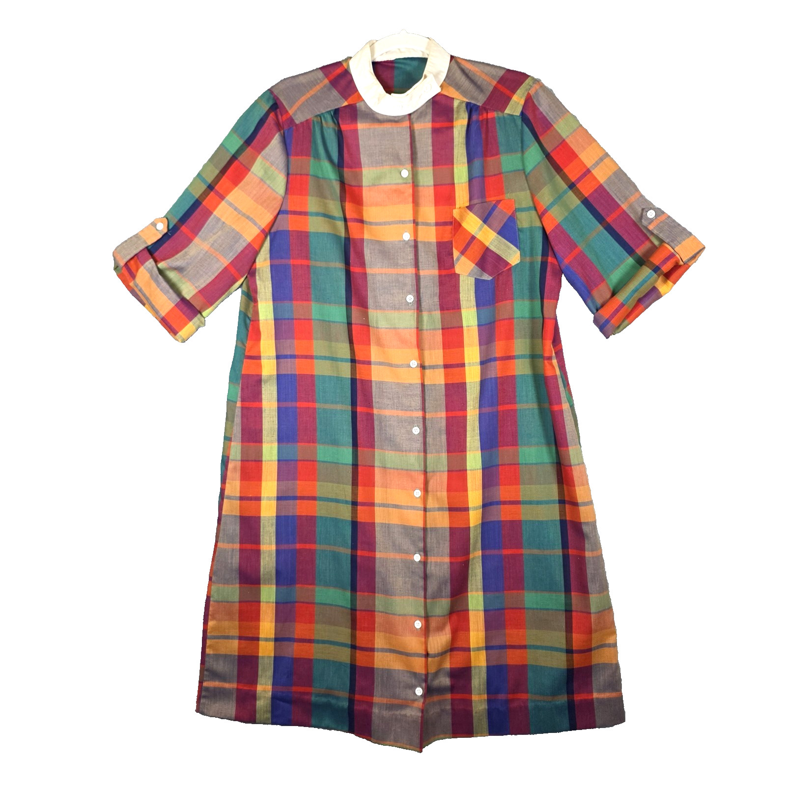 Vtg 70s Colorful Plaid Shift Shirt Dress White Band Collar Roll Tab Sleeve M L