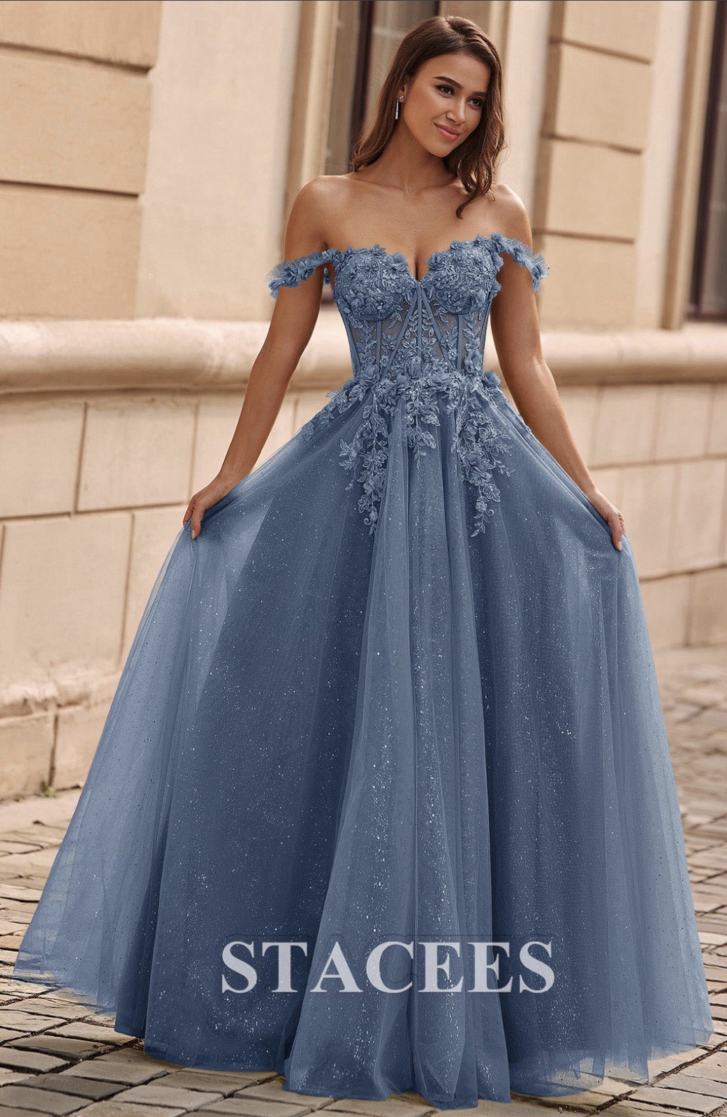 Stacees Prom Dress – A-line V Neck Sleeveless Sweep Train Tulle Prom Dress NWT
