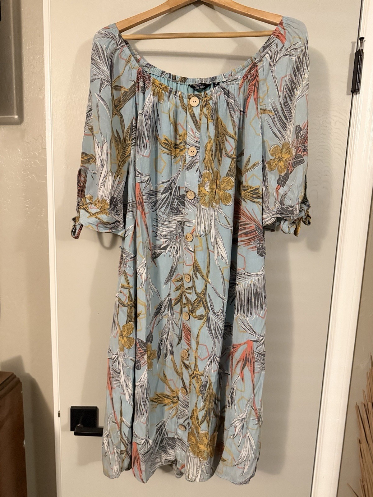 MILE GABRIELLE Blue Floral Elastic Off Shoulder Button Front Dress Size 3X