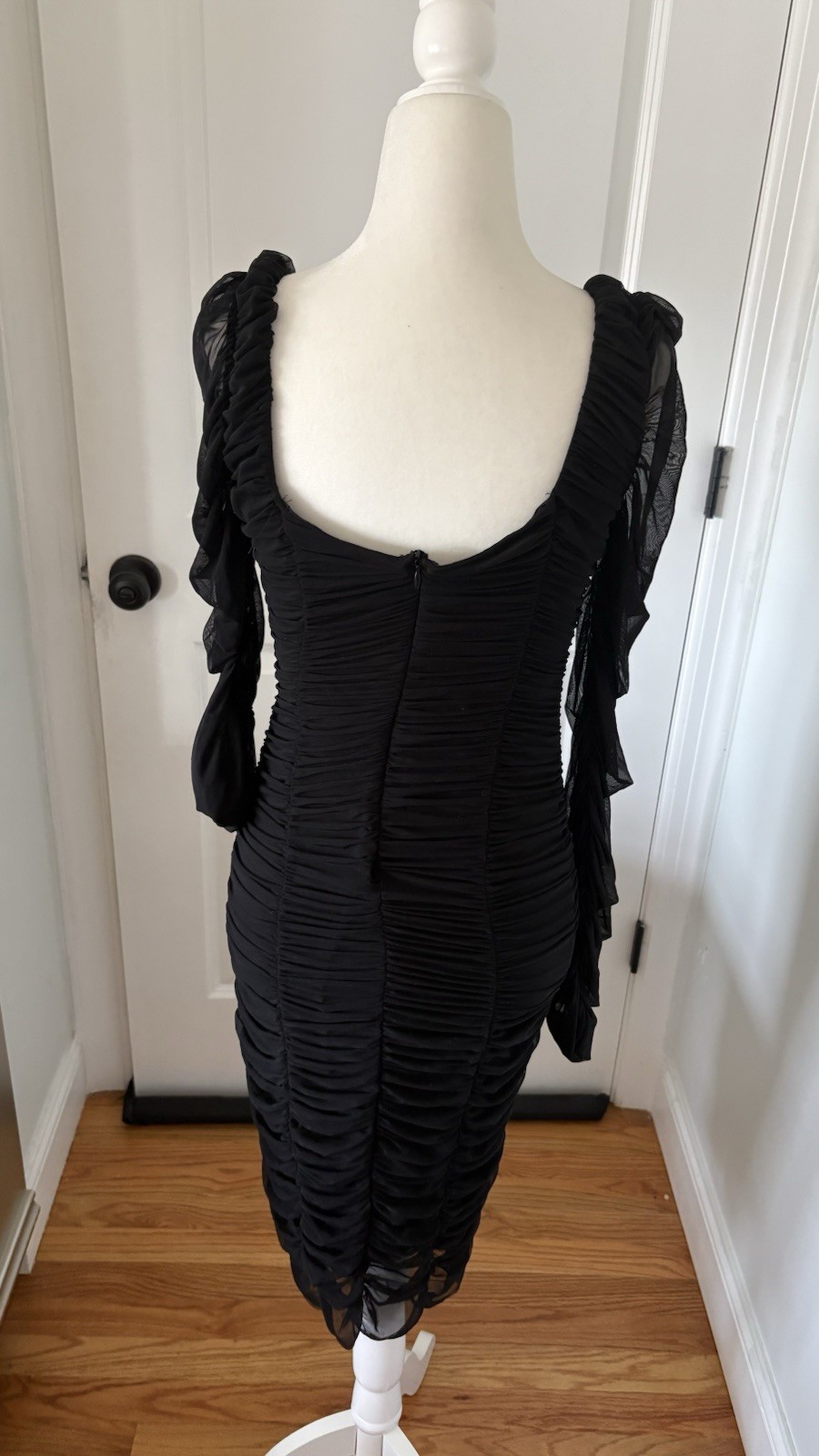 Fashion Nova Black Ruched Sheer Mesh Ruffle Strappy Bodycon Midi Dress M