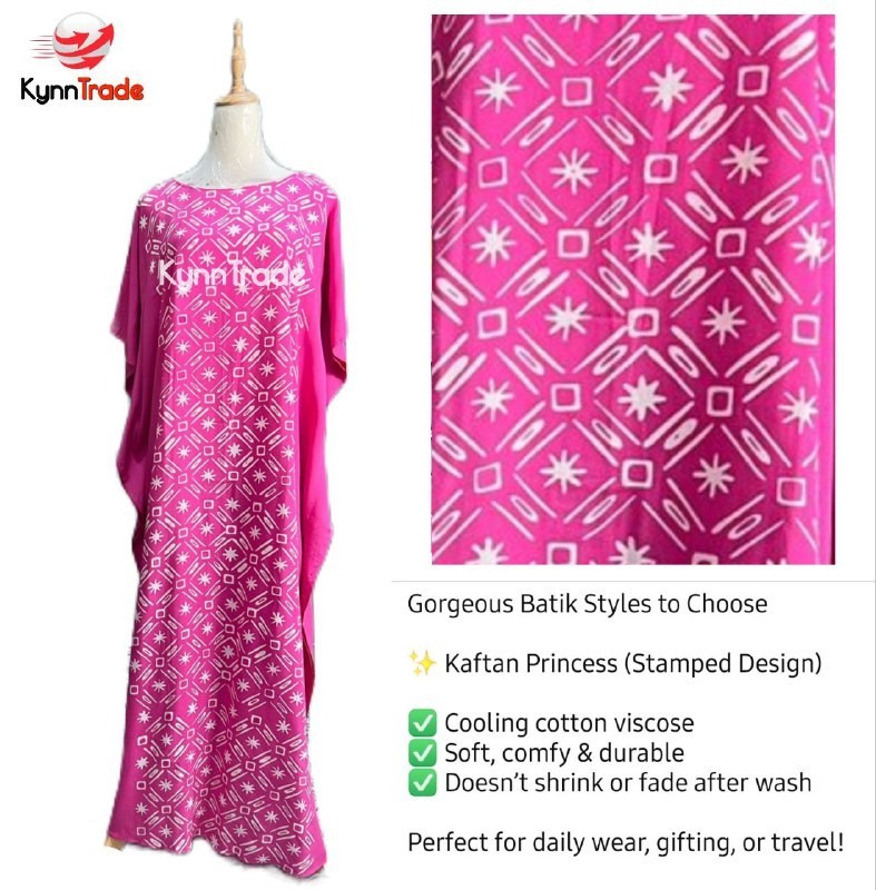 Malaysian Batik Kaftan Dress | Cotton Viscose Stamped Design Free Size fit S-XXL