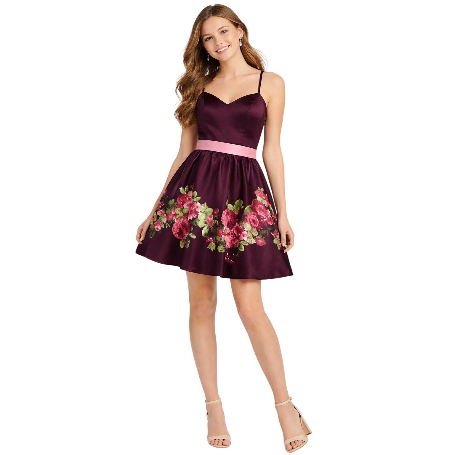 Teeze Me Floral Satin Cocktail Dress Juniors Size 0 Purple Pink Fit Flare Party