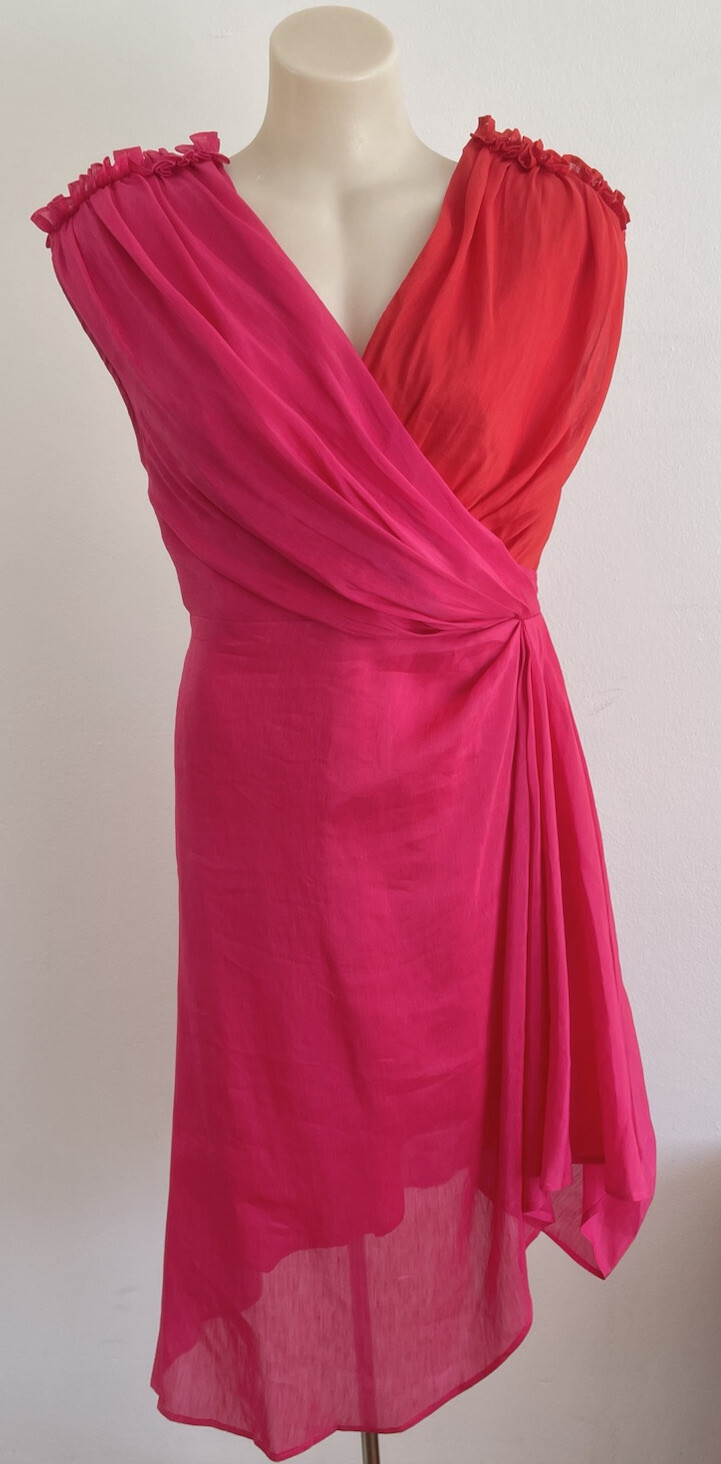 LEO LIN Silk Midi Dress Pink Red Draped Asymmetric Grecian Party Size AU 12 L