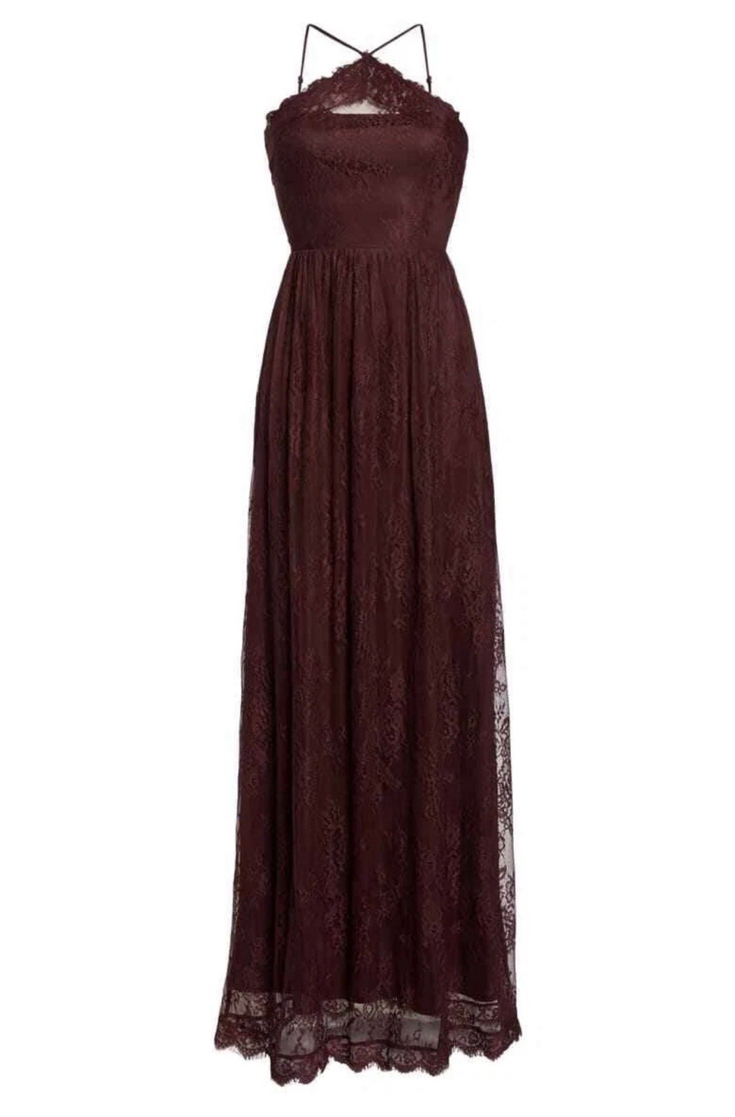 Heartloom Belle Burgundy Lace Halter Maxi Dress size XS Gown AAK