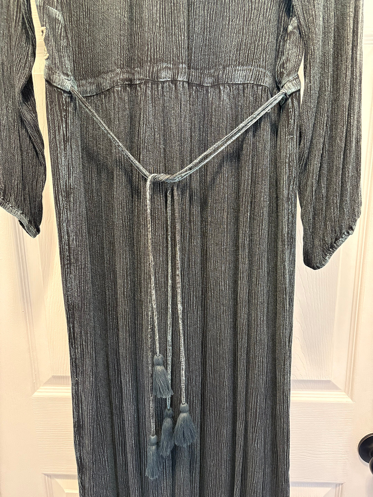Sweet Magnolia Embellished Boho Prairie Beaded Blue Gray Maxi Dress L