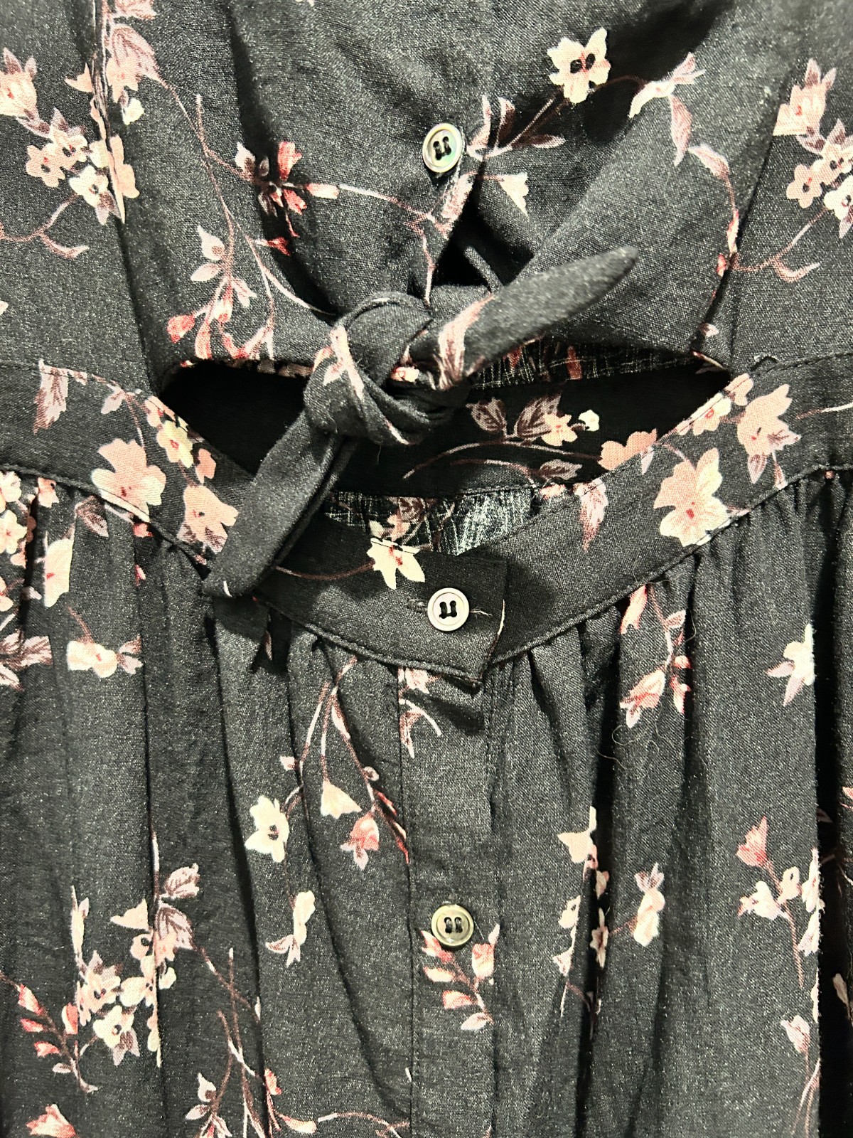 Black Floral Midi Shirt Dress – Button & Tie Front – Pockets! – Women’s Size M