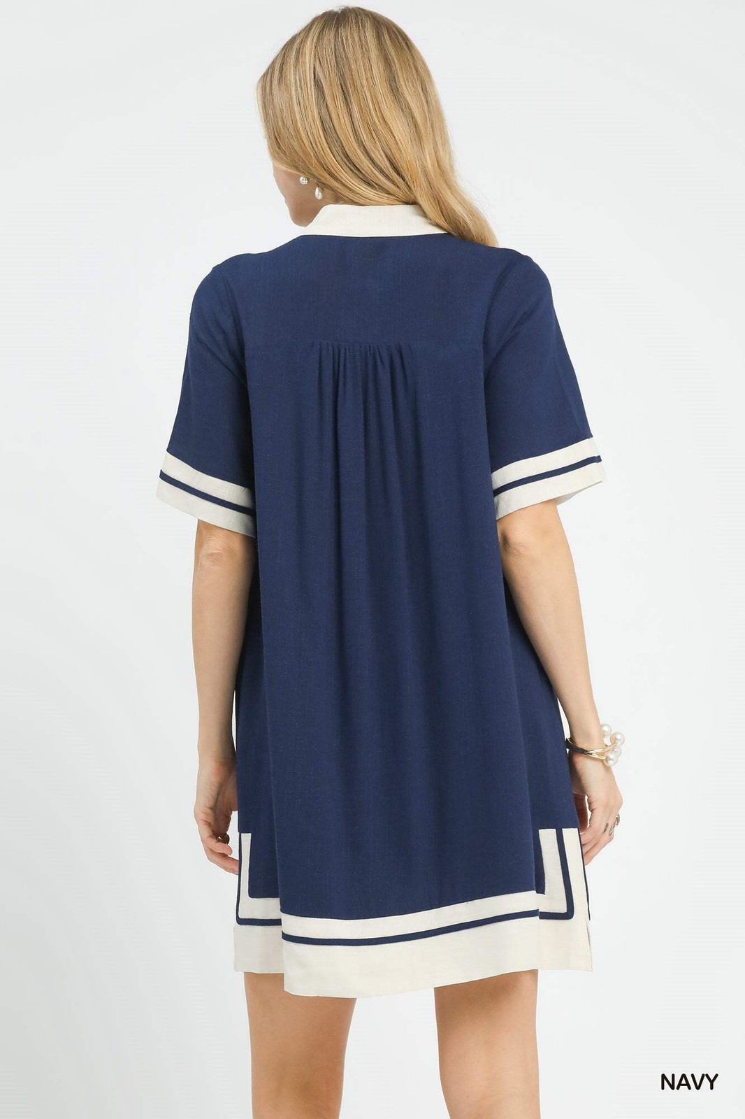 Umgee Linen Rayon Navy Blue Collared Notch V Neck Ringer T-Shirt Mini Dress
