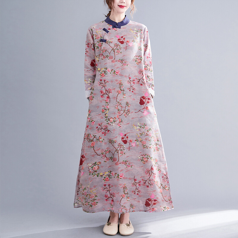 Women Long Floral Chongsam Dress Frog Button Long Sleeve A-line Chinese Retro