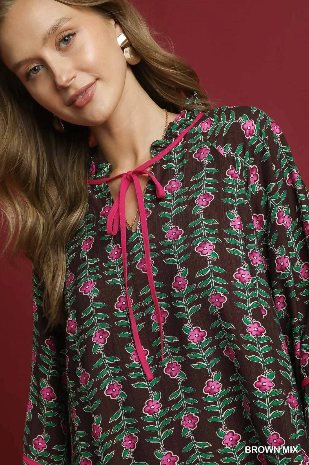 Umgee Brown Multi Floral Vine Boho Dress with V Neckline & Tiered Ruffle Skirt
