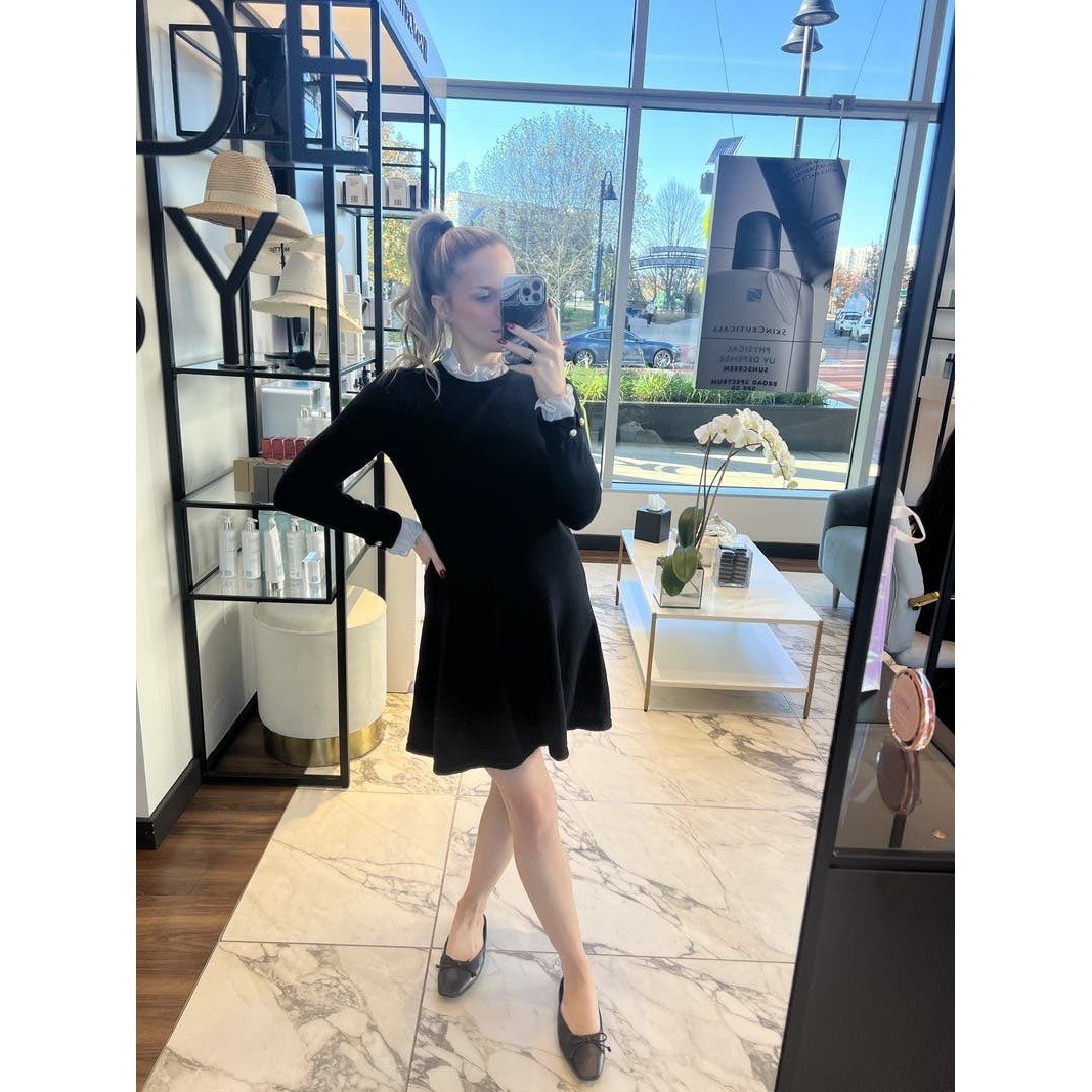 CeCe Black Knit Dress NWT Ruffle Collar Pearl Cuff Old Money Chic Minimalist