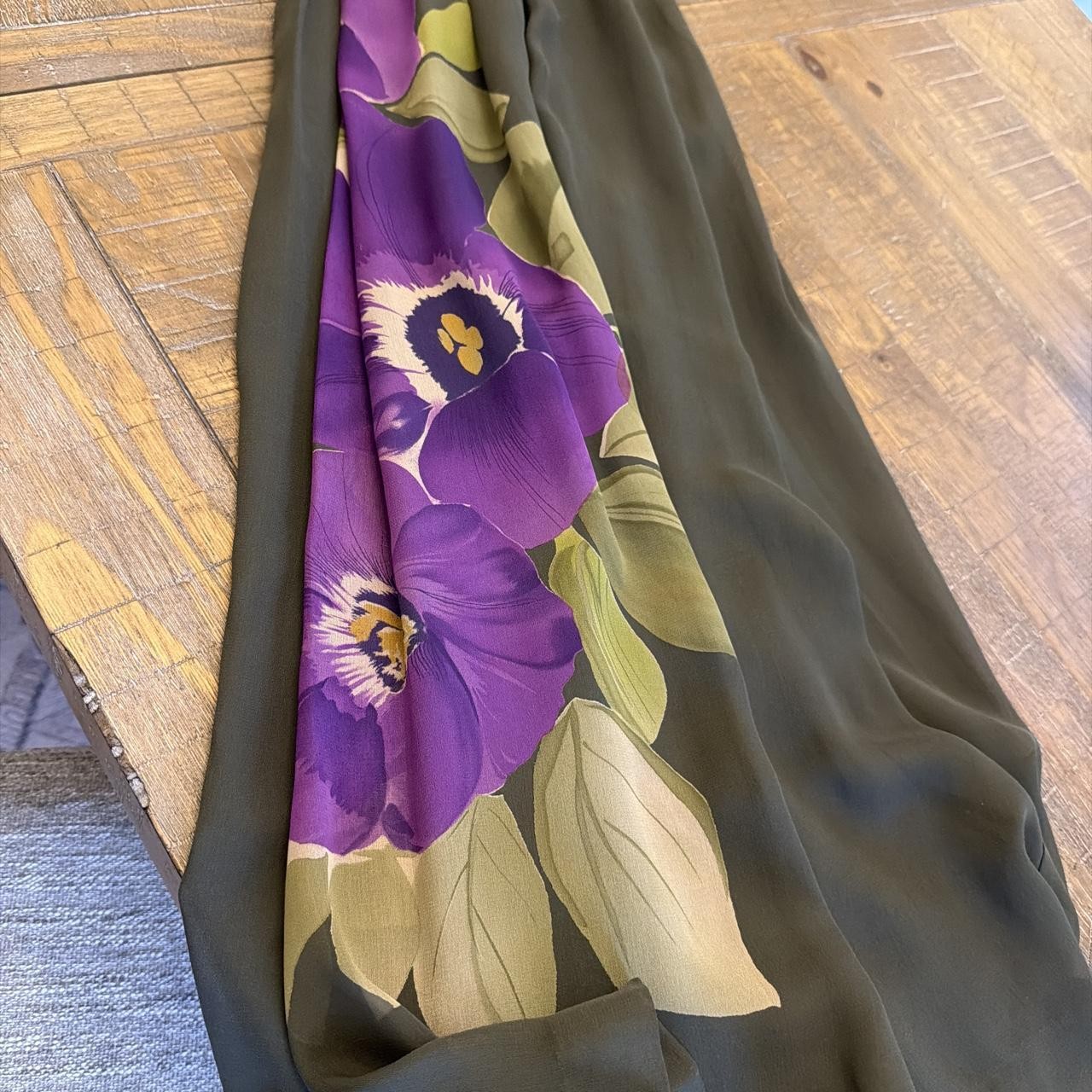 Ideology Olive Green Purple Floral Silk Dress Women Size 8 Empire Waist