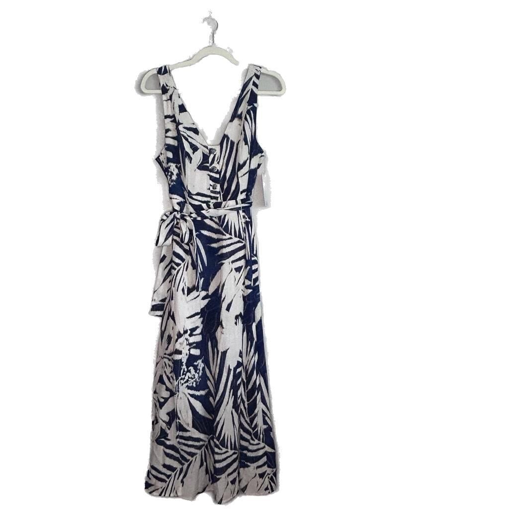 DKNY Women’s Tropical Leaf Print V-Neck Sleeveless Button-Down Midi Dress