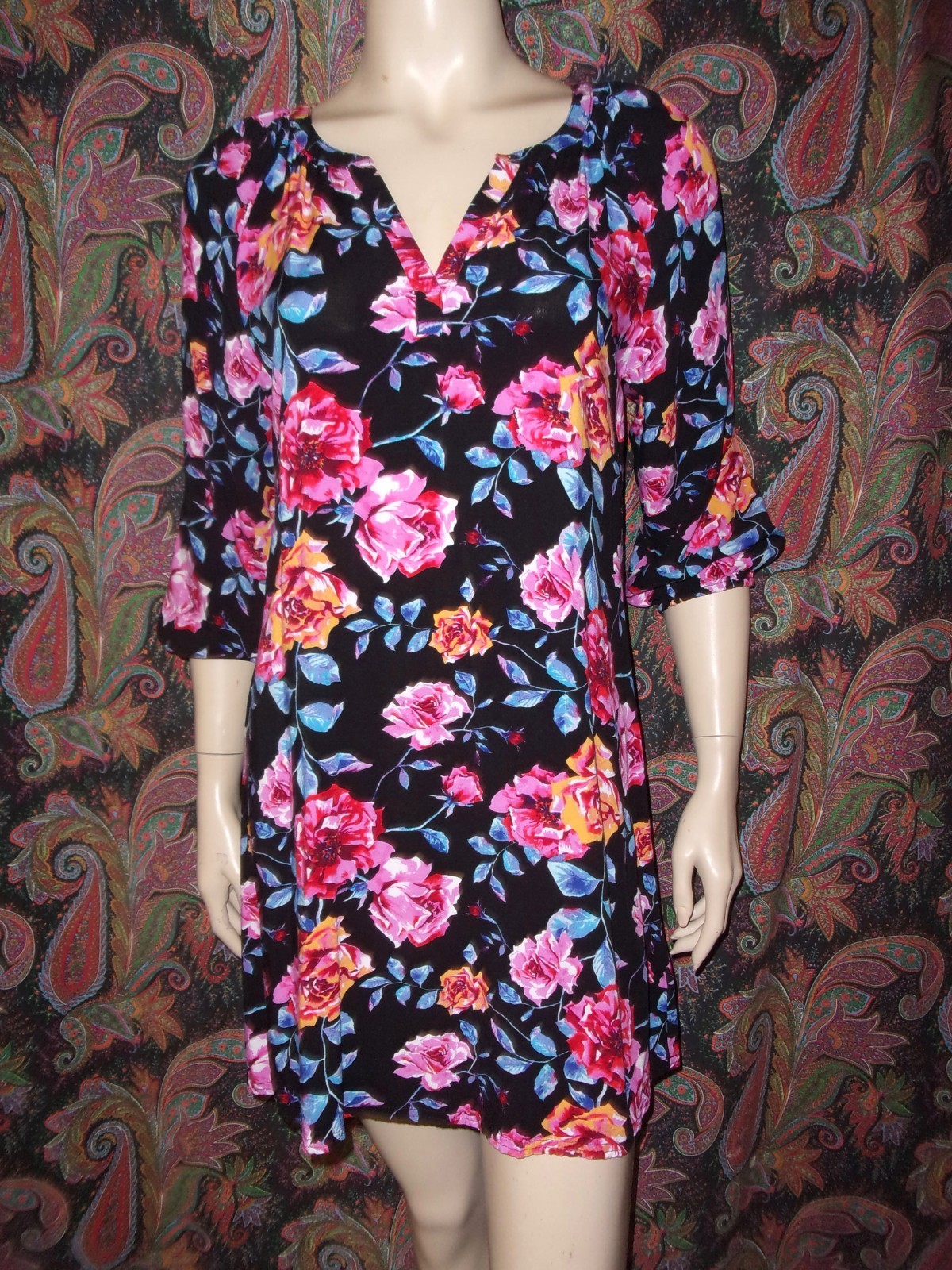 The Pioneer Woman Dress Floral Print Rayon 3/4 Sleeve Shift Shirt Dress Small