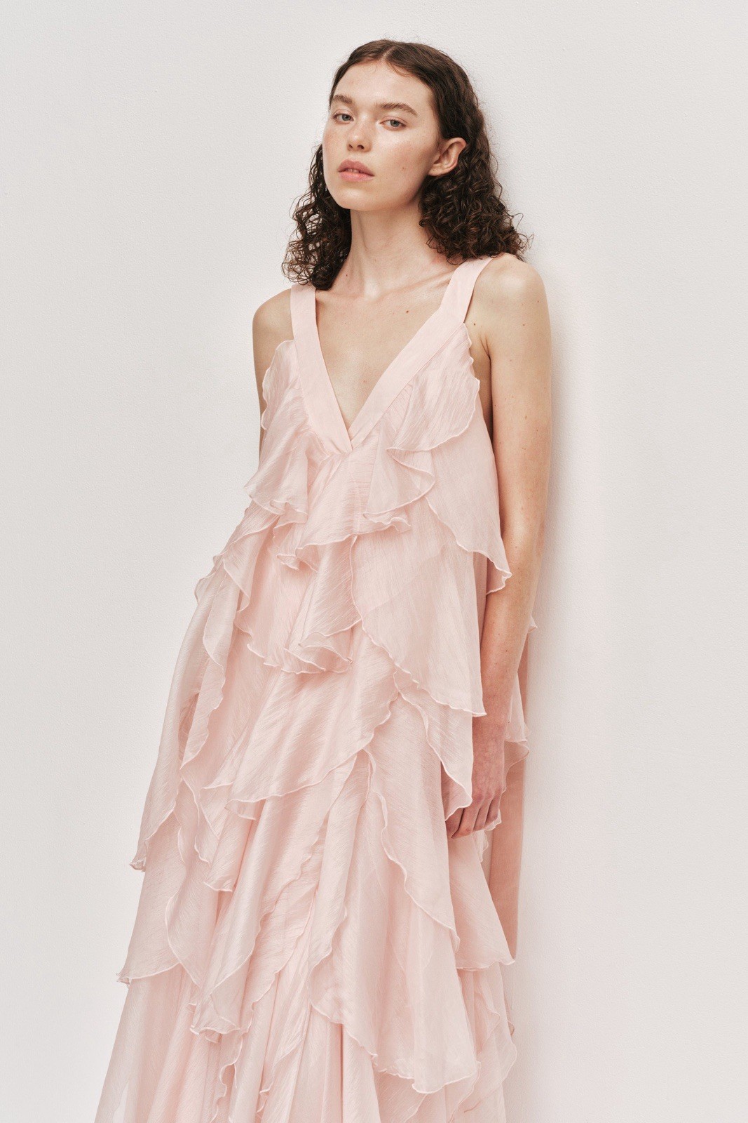 Light Pink V Neck Tiered Ruffled Chiffon Maxi Evening Dress Open Back Party Gown