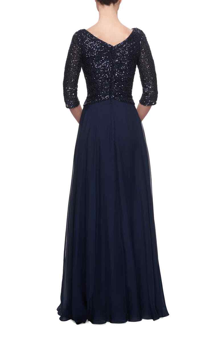 La Femme Navy Blue Chiffon & Sequin A-Line Gown Size 8 $388