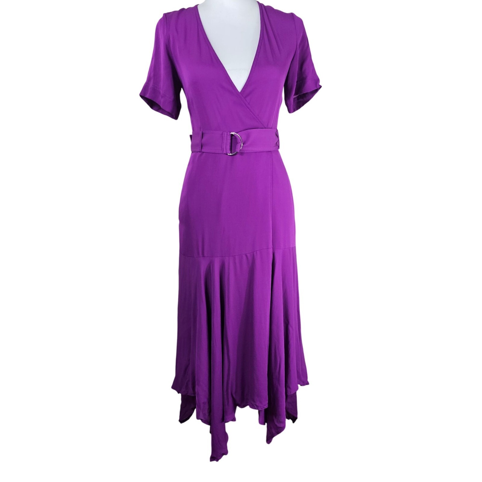 A.L.C. Claire Hanky Hem Silk Wrap Dress Sz 0 Purple Fuchsia Belted‎ Waist Fairy