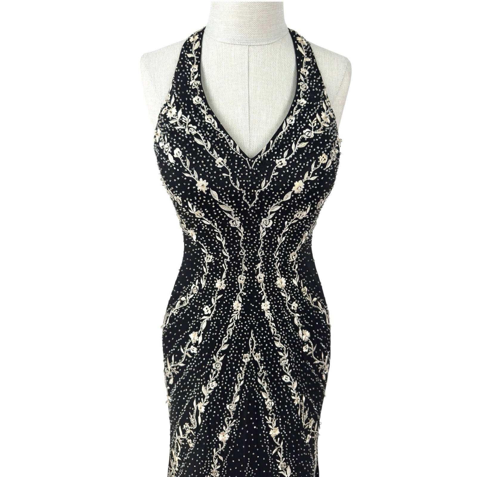 Silk Beaded Halter Evening Dress Black Embroidered Mermaid Gown Y2K Glam