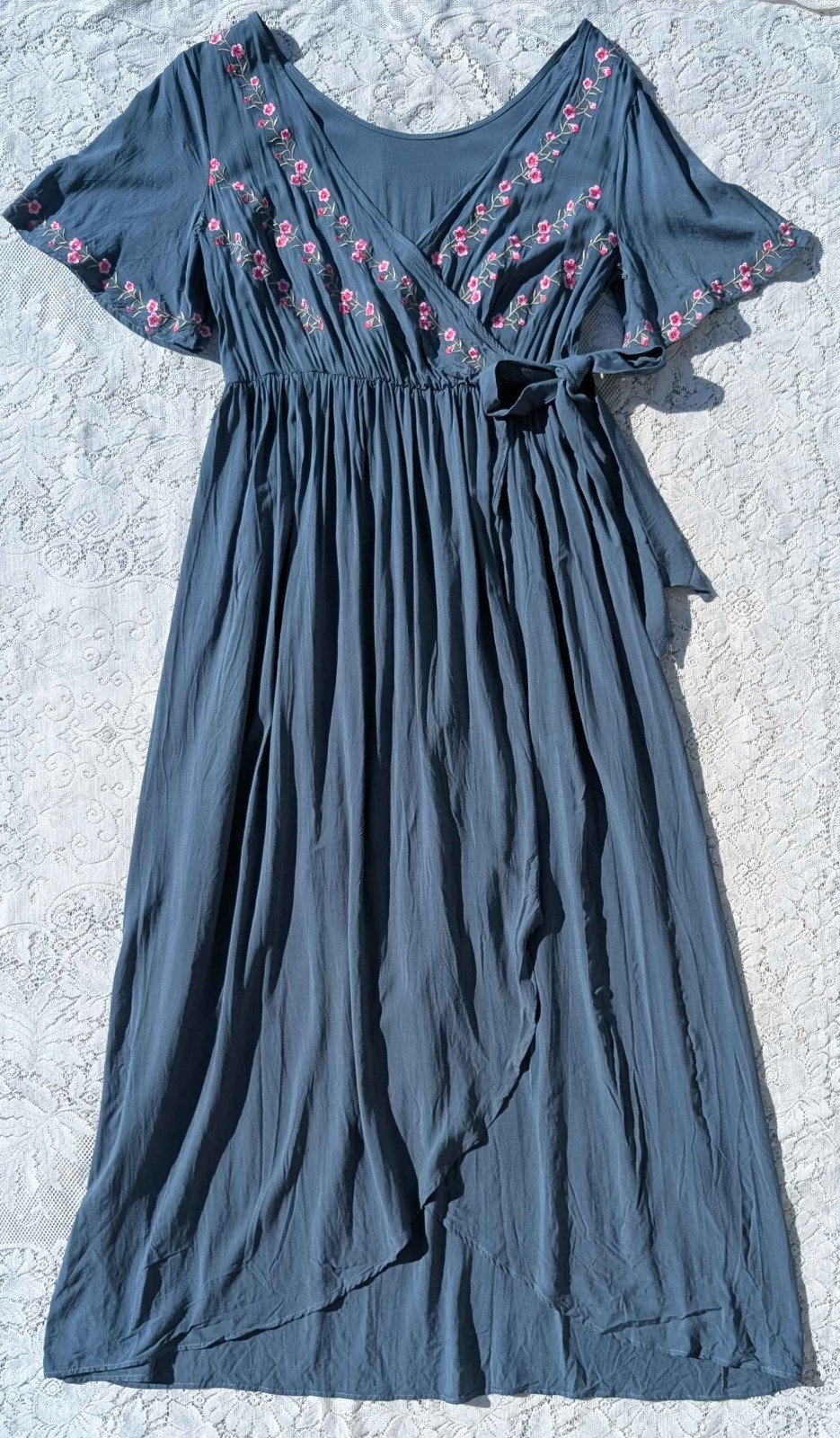 Green Pink Retro Y2K Floral Bell Sleeve Boho Peasant Rayon Wrap Summer dress