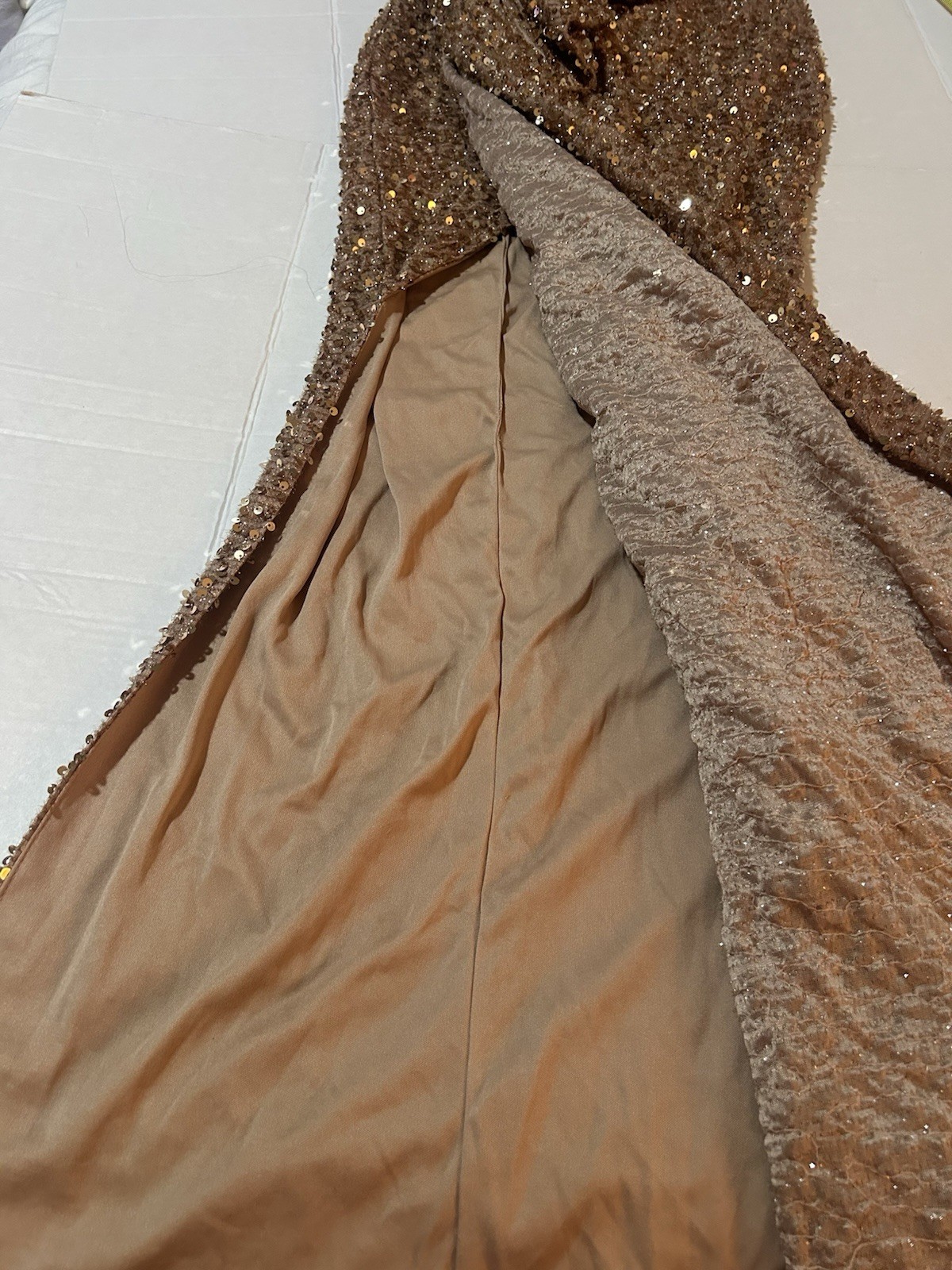 Draped Asymmetric Party Dress Prom Evening GOLD V Neck Ruched S Sequined Ruffle