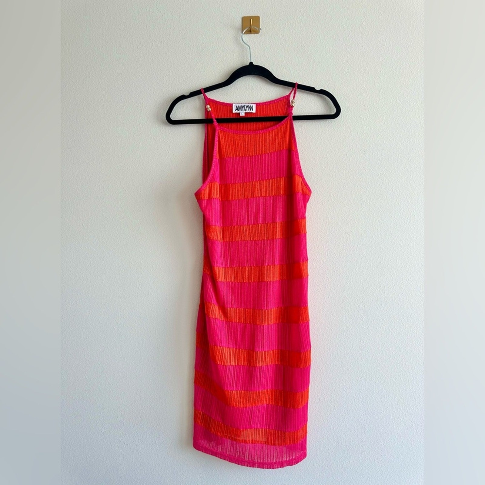 AmyLynn Pink & Orange Sheer Knit Mini Dress – Strappy 90s Y2K Club Size L
