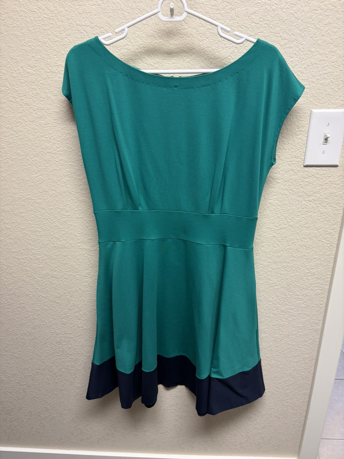 Kate Spade Green Fit & Flare Dress Navy Hem Cap Sleeve Size Large L