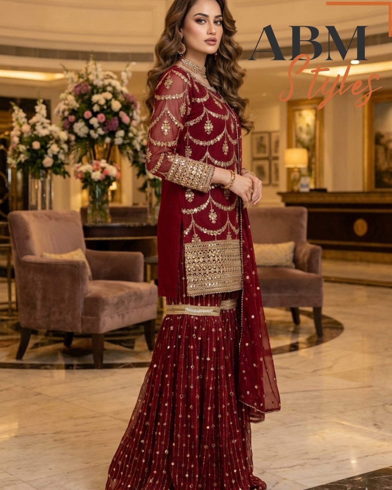 Red Embroidered Georgette Sharara Set
